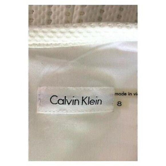 Calvin Klein Short Sleeve Round Neck Waffle Textured White Knit Flare Dress Sz 8 - Picture 9 of 9